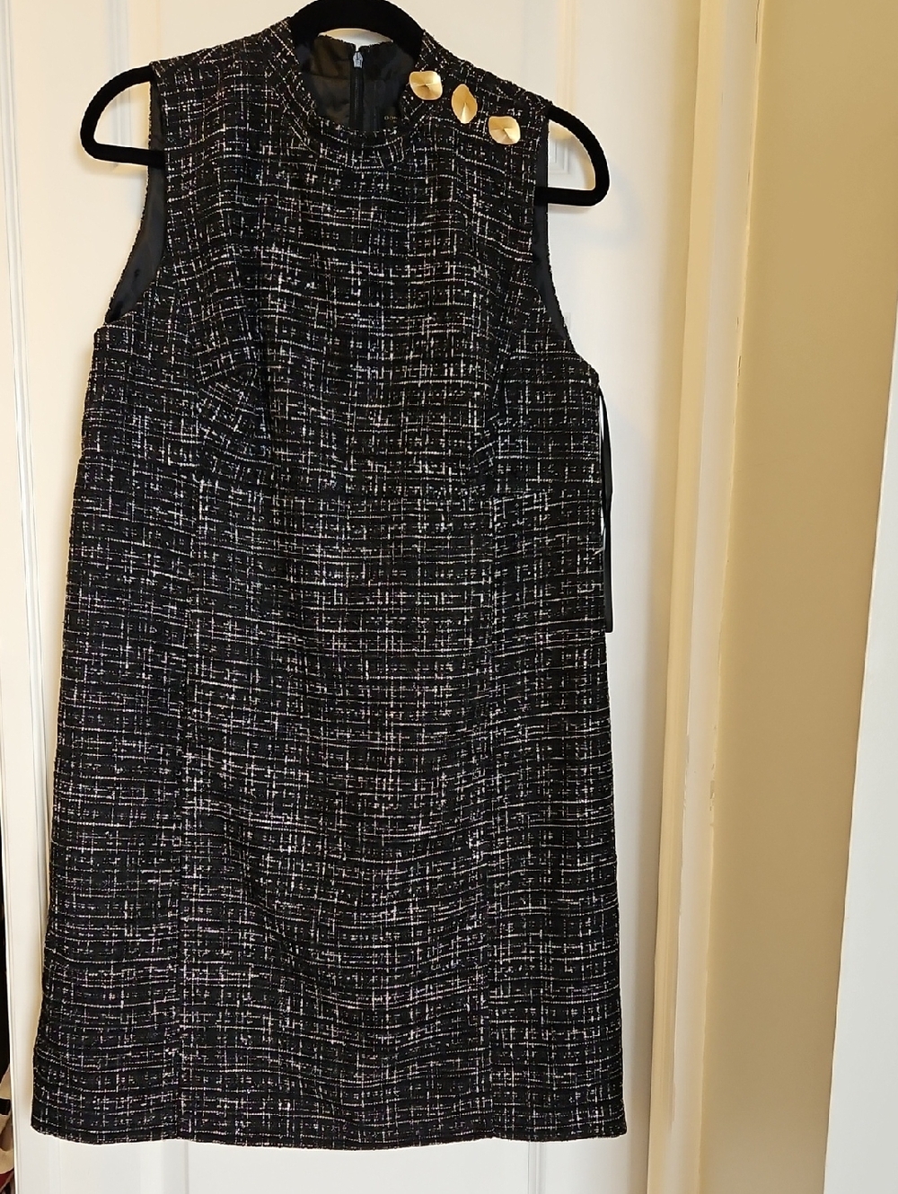 Donna Karan Button Detail Tweed Sheath Dress, Black And White